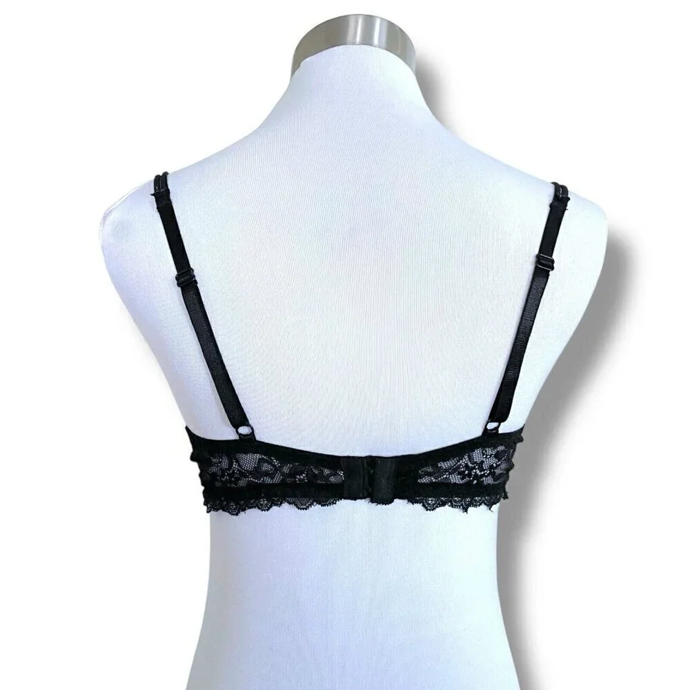 Jezebel 36B Bra Black Tan Illusion Lace Push Up Underwire Padded Lined